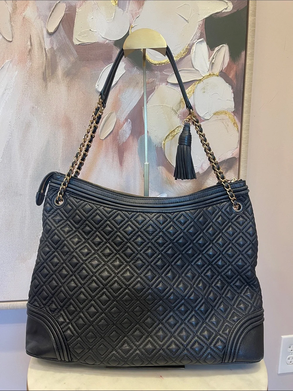 Tory Burch Black Quilted Leather Chain Shoulder Bag with Tassel